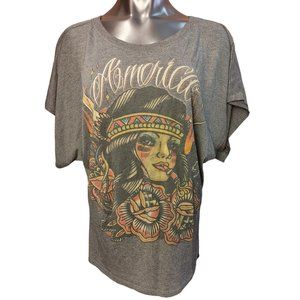 Black Market Art Co. Women's Gray Butterfly Sleeve Scoop Neck Graphic Tee XL